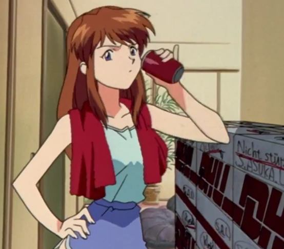 image of Asuka from the anime Evangelion, holding a red drink can